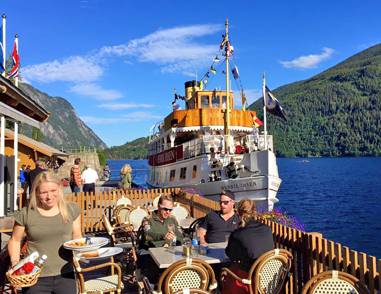 M/S Henrik Ibsen docked outside Lastein Restaurant