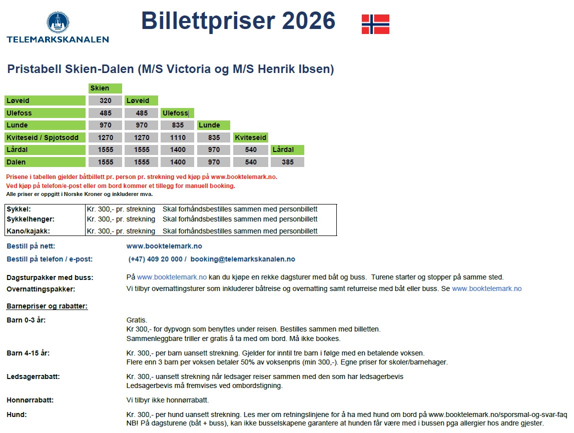 Billetpriser Telemarkskanalen 2026