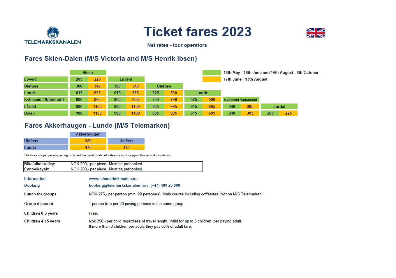 Tour operator rates 2023